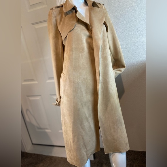 Forever 21~Lovely~Tan~Faux Suede~Open-Front Style~Trench Coat~Pockets~Size M - Picture 1 of 15